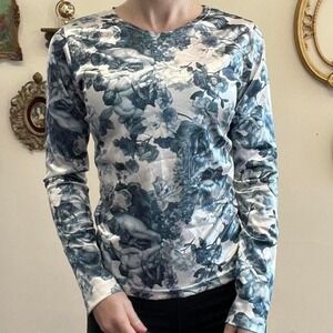 Cheryl Creations Vintage Y2K Cherub Angel Print Long Sleeve Top Small Blue White